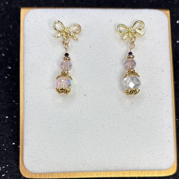 Handmade Jewelry - Gold Bow Crystal Drop Earrings - Pink/Clear